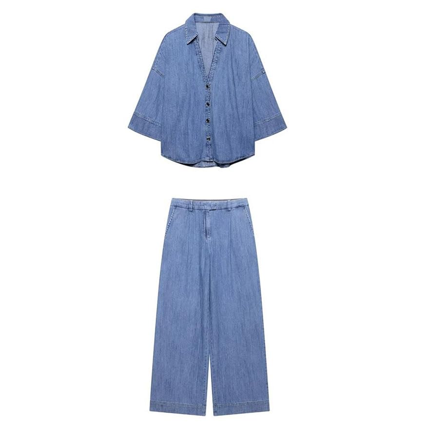 Pohullan Women Wide Sleeve Denim Shirt High Waist Pleated Wide Leg Jeans Loose Denim Suit Summer Travelling Suit2