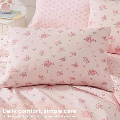 Image of BLOOMHAVEN Full Size Comforter Set for Girls, 7 Pieces Rose Flower Bedding Set with Pink Bow, All Seasons Kids Bed in a Bag with Sheets, Pillowcases & Shams