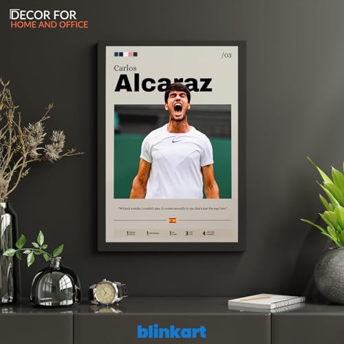 Image of BLINKART Carlos Alcaraz | Tennis Player | Synthetic Wood Photo Framed Wall Hanging Poster Room & Office Bedroom Home Wall | 12x18 Inches