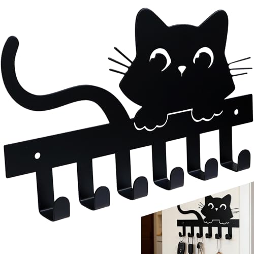 Mythlon Schlüsselbrett Schwarz Metall mit Katzen Motiv (20cm) - Schlüsselhalter Wand 6 Haken - Kleines Schlüsselboard für Flur, Küche & Eingang - Süße Wanddeko, Schlüsselhaken & Hakenleiste (1 Katze)