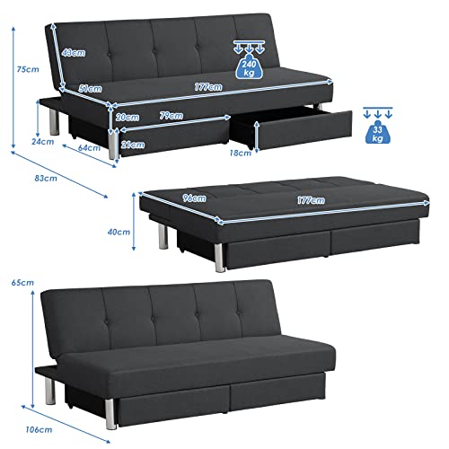 COSTWAY 3 Seater Convertible Sofa Bed, Click Clack Reclining Sleeper Couch with Stainless Steel Legs, Fabric Tufted Upholstered Sofa Settee for Living Room Bedroom (with 2 Storage Drawers, Black) COSTWAY 3 Seater Convertible Sofa Bed, Click Clack Reclining Sleeper Couch with Stainless Steel Legs, Fabric Tufted Upholstered Sofa Settee for Living Room Bedroom (with 2 Storage Drawers, Black)
