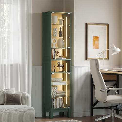 ZKIODV 180cm Vitrine LED, Armoire Vitrine Moderne avec Porte en Verre Trempé, 8 Étagères de Rangement Dont Réglables, Éclairage LED 3 Couleurs, Meuble...