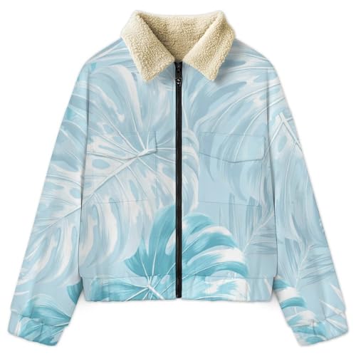 Manteau zippé imprimé feuilles bleu ciel en polaire douce pour femme