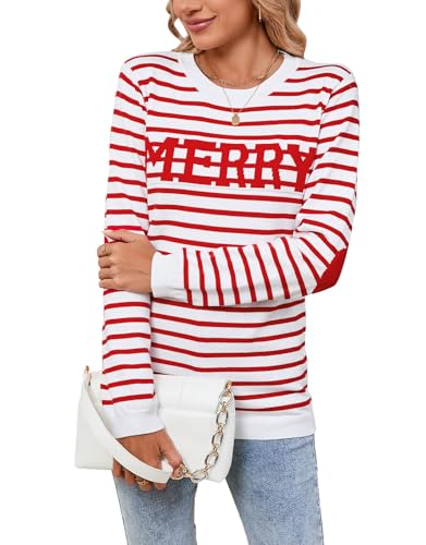 shermie Womens Stripes Sweaters Long Sleeve Crew Neck Casual Cute Heart Pullover Sweater