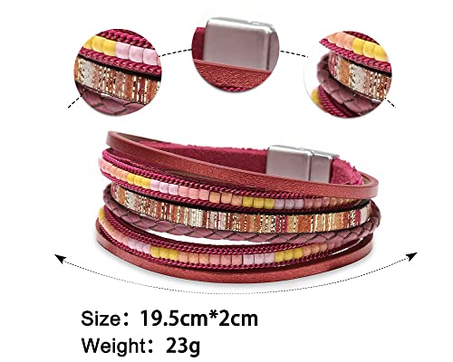 Fesciory Women Multi-Layer Leather Wrap Bracelet Handmade Wristband Braided Rope Cuff Bangle with Magnetic Buckle Jewelry