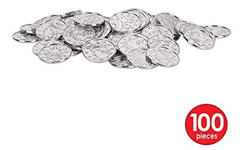 Beistle 100 moedas de plástico em relevo prata para lembrancinhas de festa de cassino e tema pirata,