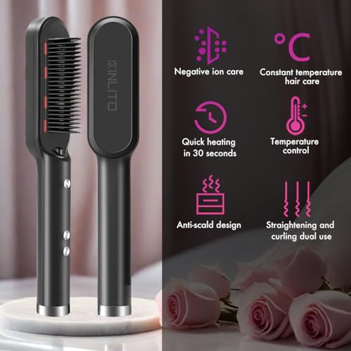 Hair Straightener Brush, KINLITO Hair Straightening Comb for Women Hair Brush Straightener with Fast Heating Anti-Scald with 5 Temps Heated Brush Straightener