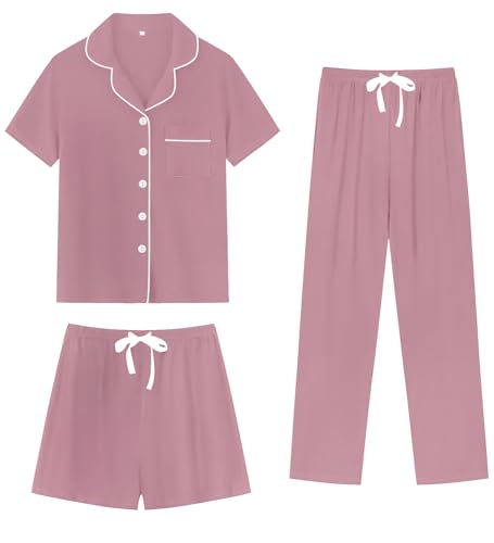 Image of SWOMOG Womens 3pcs Button Down Pajamas Set Short Sleeve Sleepwear Bride Pj Lounge Set with Long Pants