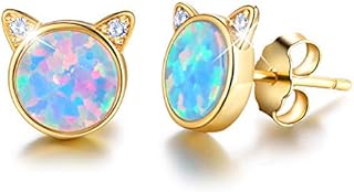 Gift for Christmas Esberry 18K Gold Plating 925 Sterling Silver Opal Cat Stud Earrings Cute Cat with Natural Stone Hypoallergenic Earrings for Women and Girls (Yellow Gold-Blue Opal)