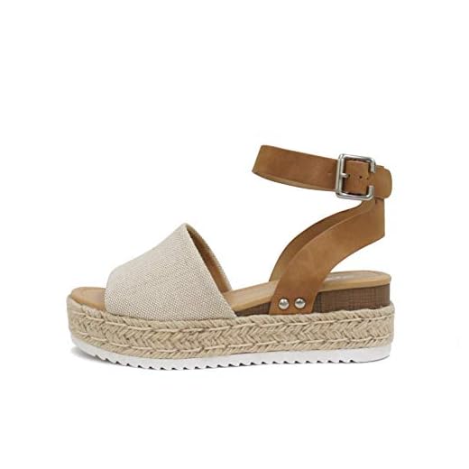 Soda Topic Open Toe Buckle Ankle Strap Espadrilles Flatform Wedge Casual Sandal (Beige Canvas/Tan, 8.5)
