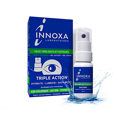 Innoxa Dreifachwirkungsspray, spendet trockenen Augen Feuchtigkeit und lindert gereizte Augenlider, Hyaluronsäure, Aloe Vera, Vitamine B5 E, ohne sterile Konservierungsstoffe, 10 ml