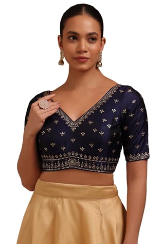 Chemisier brodé femme Soch bleu marine en soie Tussar avec paillettes taille 40