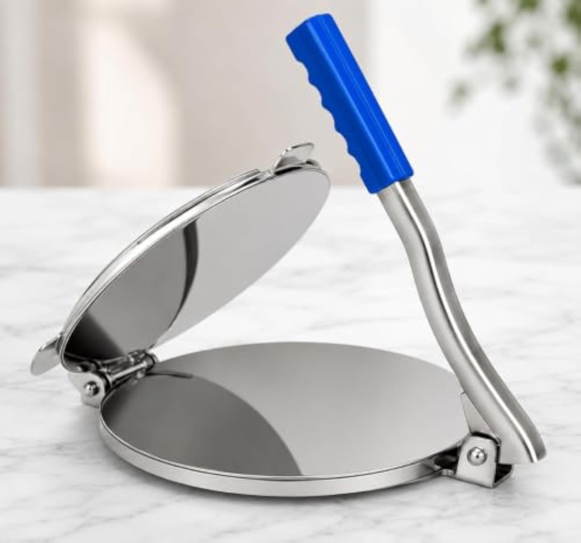 Stainless Steel Tortilla Press with Blue Handle for Roti