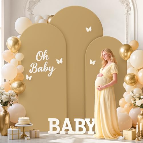 Image of FOTSHARER Wedding Arch Cover Set of 3 Brown Arch Cover 4FT 5FT 6FT Arch Stand Covers Balloon Arch Covers Stretchy Backdrop Round Top Chiara Arch Stand Cover Khaki Arch Backdrop for Wedding Party Decor