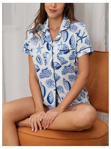 MakeMeChic Women's 2 Piece Pajama Set Graphic Short Sleeve Button Down Shirt and Shorts Set Sleepwear4