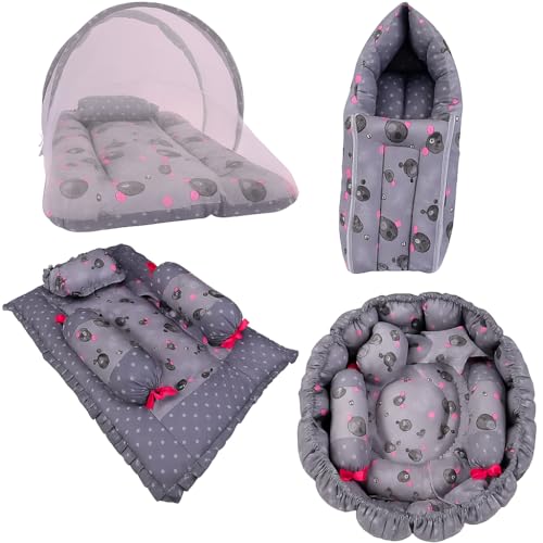 Image of Kwitchy Baby Bedding Set New Born Baby Bed | Mattress | Mosquito Net | Gadda Set | Bed | Cotton | Essential Combos | Gift Pack | Boys & Girls (0-6 Months, Grey) (4PCS Set)