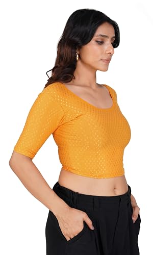 Image of Fressia Fabrics Pure Cotton 4-Way Stretch Readymade Blouse for Women | Free Size to 4XL Stretchable Round Neck Dobby Cotton Half Sleeve Readymade Saree Blouse for Women Stylish