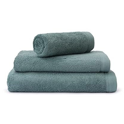 URBANARA Frottee-Handtücher Faia 4er-Set I 100% Bio-Baumwolle Made in Portugal Oeko Tex Standard 100 I 2X Handtuch [50x100 cm], 1x Duschtuch [100x150 cm], 1x Badetuch [70x140 cm], Grüngrau – Bild 3