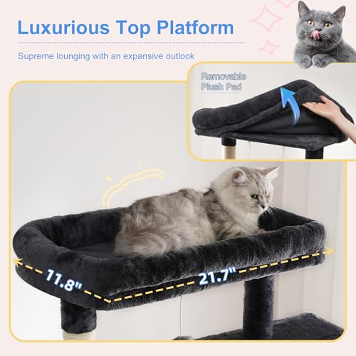 Image of Heybly Cat Tree, 76-Inch Tall Heavy Duty Cat Tower for Big Cats HCT039G | Multi-Level Large Cat Furniture with Extra Wide Baseboard, 2 Condos & 2 Hammocks, 10 Scratching Posts, Smoky Gray