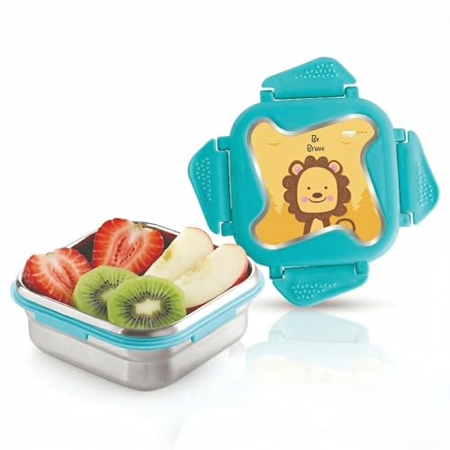 Image of STEELLOCK Smart Kids Stainless Steel Lunch Box, Leakproof & Airtight Tiffin Box for School Boys & Girls, BPA Free Food Grade with 4-Side Clip Lock | 360 ML | Turquoise, 3D /UV Print Lion