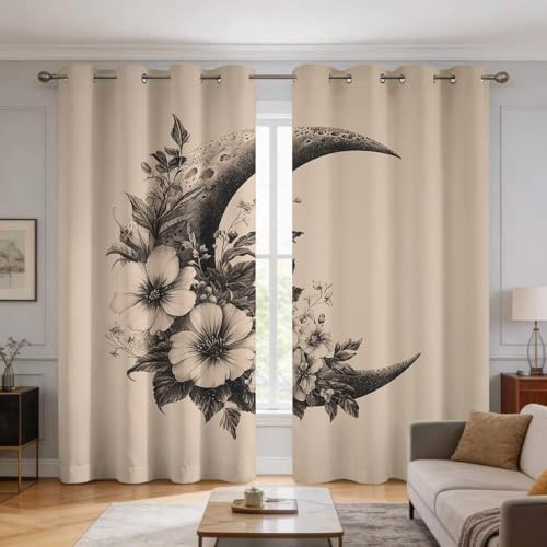 Boho Moon Floral Curtains Blackout - Witchy Celestial Aesthetic Curtains 63 Inch Length, Crescent Moon Window Curtain for Bedroom, Living Room, Thermal Insulated Grommet Drapes, 2 Panels Set -X638