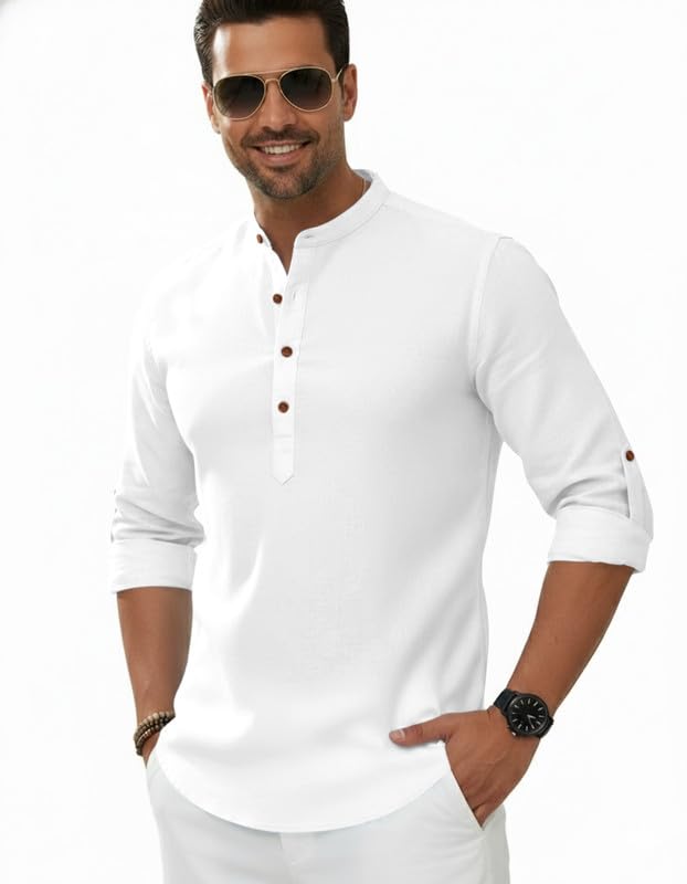 Image of Macsivo Men's Cotton Blend Solid Short Kurta with Regular Lenth Mandarin Neck Full Sleeves and roll-up tab| Kurta Style Shirt for Men