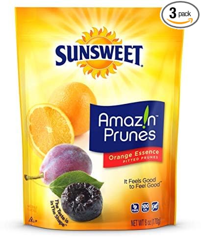 Sunsweet Amazin' Prunes Orange Essence - Prunes Pitted Unsweetened & Dried - Gluten Free, Vegan, Low Fat - Dietary Fiber & Natural Minerals - Dried Fruit - 6 oz pouch - 3 Pack