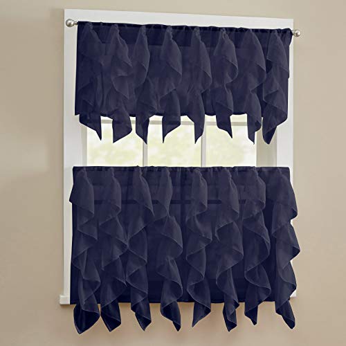 Image of Sweet Home Collection 3 Piece Kitchen Curtain Set Sheet Vertical Cascading Waterfall Ruffle Includes Valance & Choice of 24 inch or 36 inch Teir Pair, Tier, Sheer Navy