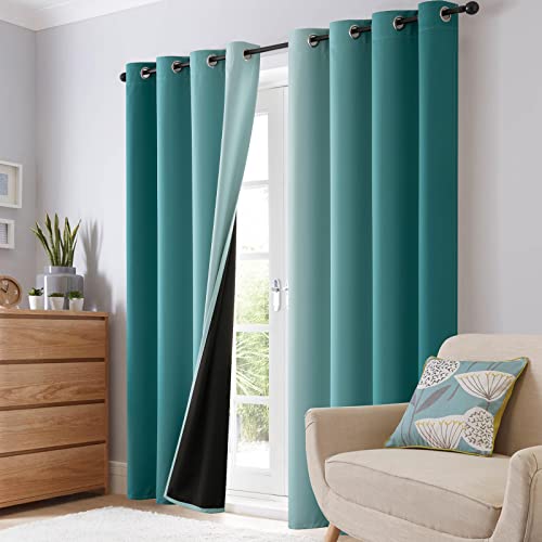 Image of SimpleHome 100% Blackout Ombre Bedroom Curtains Teal and Greyish White,84L | Room Darkening Curtains,Thermal Insulated Grommet Window Drapes and Curtains for Living Room,2 Panels, 52x84 inches Length