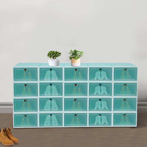 20 cajas para zapatos, transparentes, apilables, cajones de plástico, cajas de zapatos, apilables, para guardar zapatos y objetos pequeños (verde)