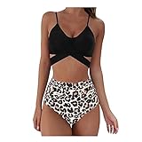 ablever Bikini Damen Set Push Up Crossover Verstellbar Bikinioberteil Zweiteiliger High Waist Wickel Bikinihose Tiefer V Ausschnitt Triangel Oberteil Bikinihose Strandkleidung (XL, Leopardenmuster)