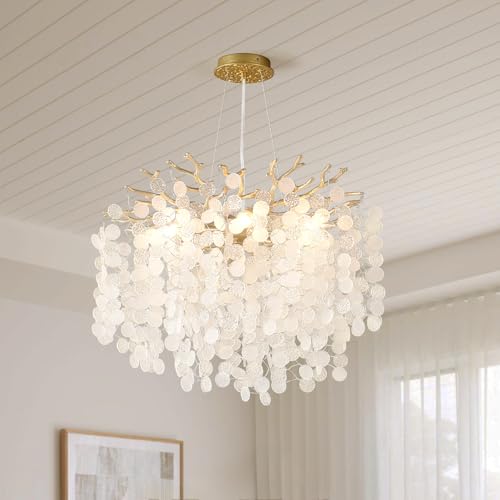 VBKK 18-Inch Coastal Chandelier, 6-Light Gold Tree Branch Chandelier, Modern Foyer Bedroom Chandeliers with Adjustable Height, Round Crystal Pendant Light Fixtures for Entryway Dining Room, E12