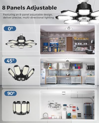 Image of Adiding LED Garage Ceiling Lights 56000Lm 4 Pack w / 8 Adjustable Panels, Super Bright Deformable Basement Lighting Fixture Screw in E26 Bulb Socket for Indoor Workshop, Attic, Storage, Bay, Home Gym