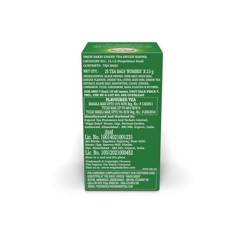 Image of Wagh Bakri Green Tea Shudh Kahwa Tea Bag, 25 Tea Bag*2.5G, 62.5 Grams (Pack of 2)