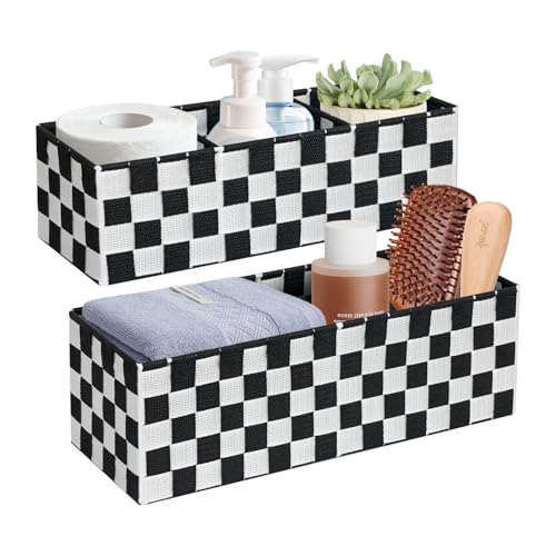 Image of BinWhiz 2-Pack Checker Pattern Woven Bins, 16” Ribbon Metal Wire Desk Organizer, Drawer Dresser Baskets, Countertop Toilet Paper Storage Containers (Black & White)