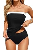 Aqua Eve Bandeau Swimsuits for Women Two Piece Bathing Suits Ruched Tummy Control Tankini Sets Strapless Swimwear Black and White Block Large
