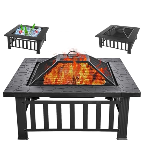 Multifunctional Fire Pit Table 32 inch Square Metal Firepit Stove Backyard Patio Garden Fireplace for Camping, Outdoor Heating, Bonfire and Picnic