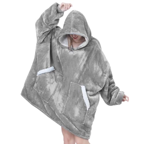 Kipswiza Oversized Wearable Blanket Hoodie, Cozy Fluffy Sherpa Fleece Hooded Blankets Sweatshirt Gifts for Women Men Family Members Friends, Light Grey