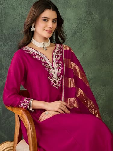 Image of Naixa Women's Vichitra Silk Embroidered Straight Kurta with Pant And Dupatta Sets (NX-823)