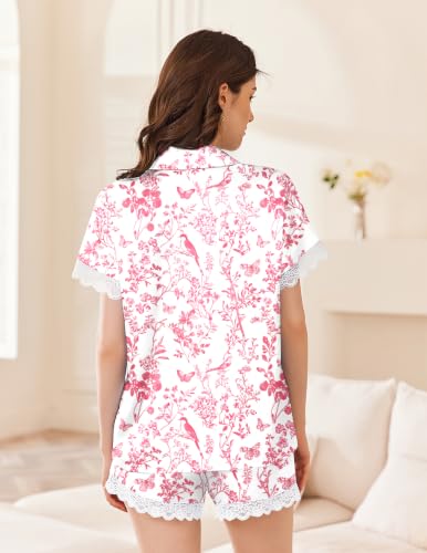 Image of Ekouaer Womens Lace Satin Pajama Set Button Down Pj Shorts Set Bridesmaids Getting Ready Outfits Casual Sleepwear XS-XXL