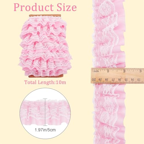 GORGECRAFT 11 Yards Pink Double-Layer Pleated Chiffon Lace Trim 5cm Wide 2-Layer Gathered Ruffle Trim Edging Tulle Trimmings Fabric Ribbon Jacquard lace for DIY Sewing Crafts Pillowcase Embellishments