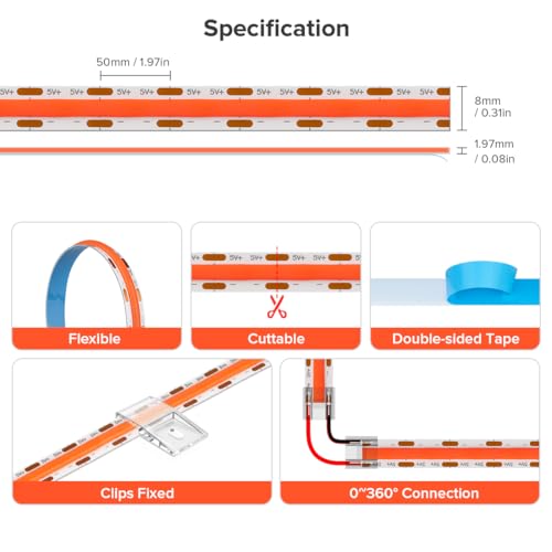 Image of 6.56FT /2M 5V USB LED Light Strip Red Flexible High Density COB Strips 640LEDs, 8mm LED Tape for Under Cabinet Bedroom No Controller and Power