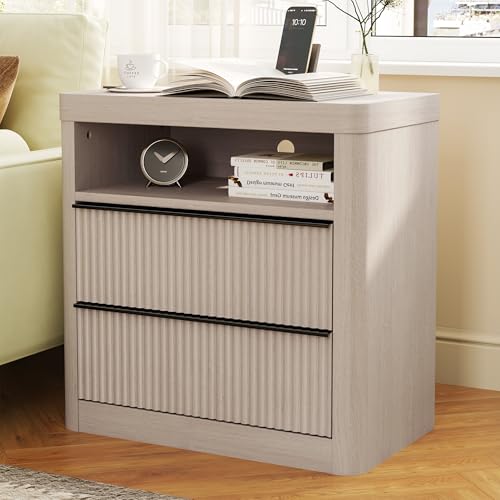 Image of Night Stand, Nightstands with Drawer Storage Bedside Table Large Modern nightstand with USB Port and Outlet, mid Century nightstand for Bedroom,Sofa Table(Light Wood Color)