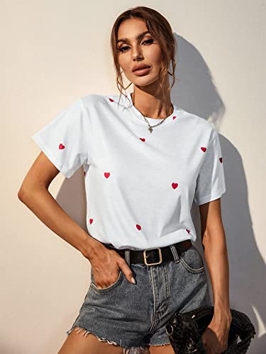 Shein Women's Summer Heart Print Short Sleeve Tee Round Neck Casual T Shirt Tops White L #TOP3