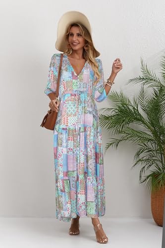 Image of Women Short Sleeve V Neck Floral Print Casual Bohemian Maxi Dresses
