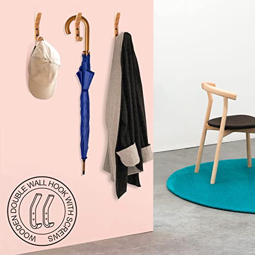 Wooden Wall Hooks, Hnyyzl 6 Pack Wood Hooks Wall Mounted, Modern Coat Hooks, Heavy Duty Double Hooks With Metal Black Screws, Wood Wall Hooks Organizer For Hanging Coat, Hat, Scarf, Bag, Towel #TOP6