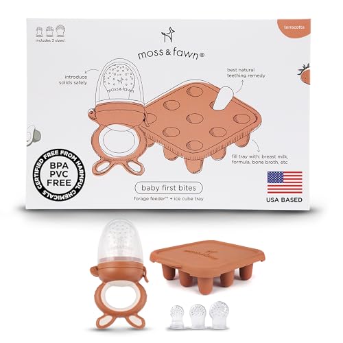 Image of Moss and Fawn Baby's First Bites Bundle - Silicone Frozen Breast Milk Popsicle Kit with Forage Feeder & Teething Popsicle Ice Cube Tray - BPA, PVC, & Lead-Free - Terracotta