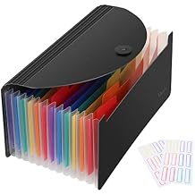 Uquelic Stand Receipt Organizer Folder - 13 Pockets Expanding Coupons Storage/Rainbow Large Capacity Bill Organizer for Desk with Label, in Case I Go Missing Binder Organizer Black