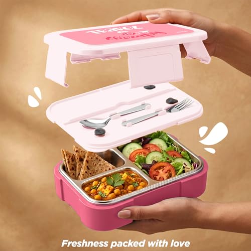 Image of MILTON Bravo 3 Inner Stainless Steel Tiffin Box for School, 3 Partition, Steam Release Plug| PU Insulated, Leak-Proof, Food Grade I Lunch Box for Kids Boys, Girls with Snap Lock Lid, 600 ml, Pink