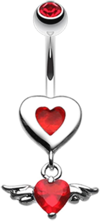 Pierced Owl 14G Stainless Steel Red CZ Crystal Winged Heart Dangling Belly Button Ring